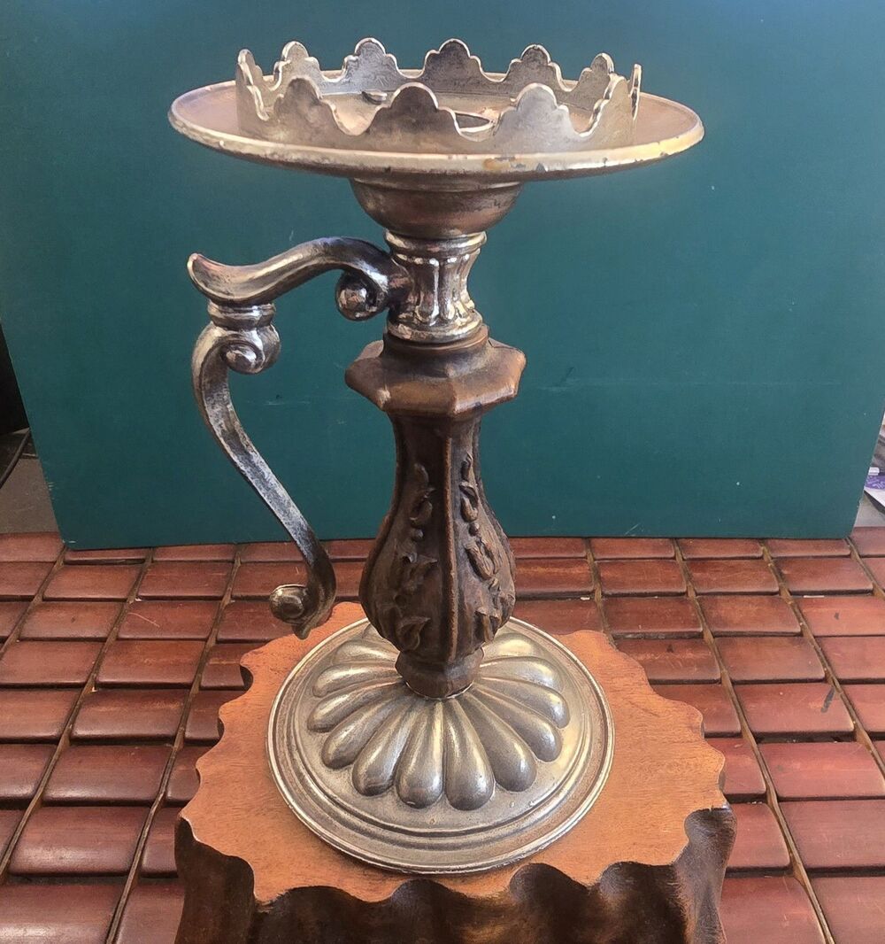 Vintage Mid Century Medieval Gothic Style Candle Holder Pewter & Faux Wood